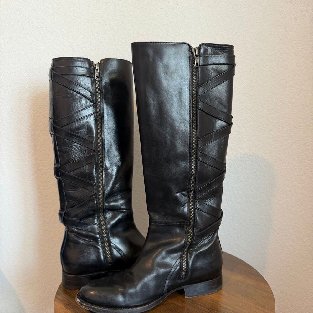 FRYE Black Leather Jordan Criss-Cross Strappy Tall Riding Boots Women's Size 6 - Picture 10 of 13